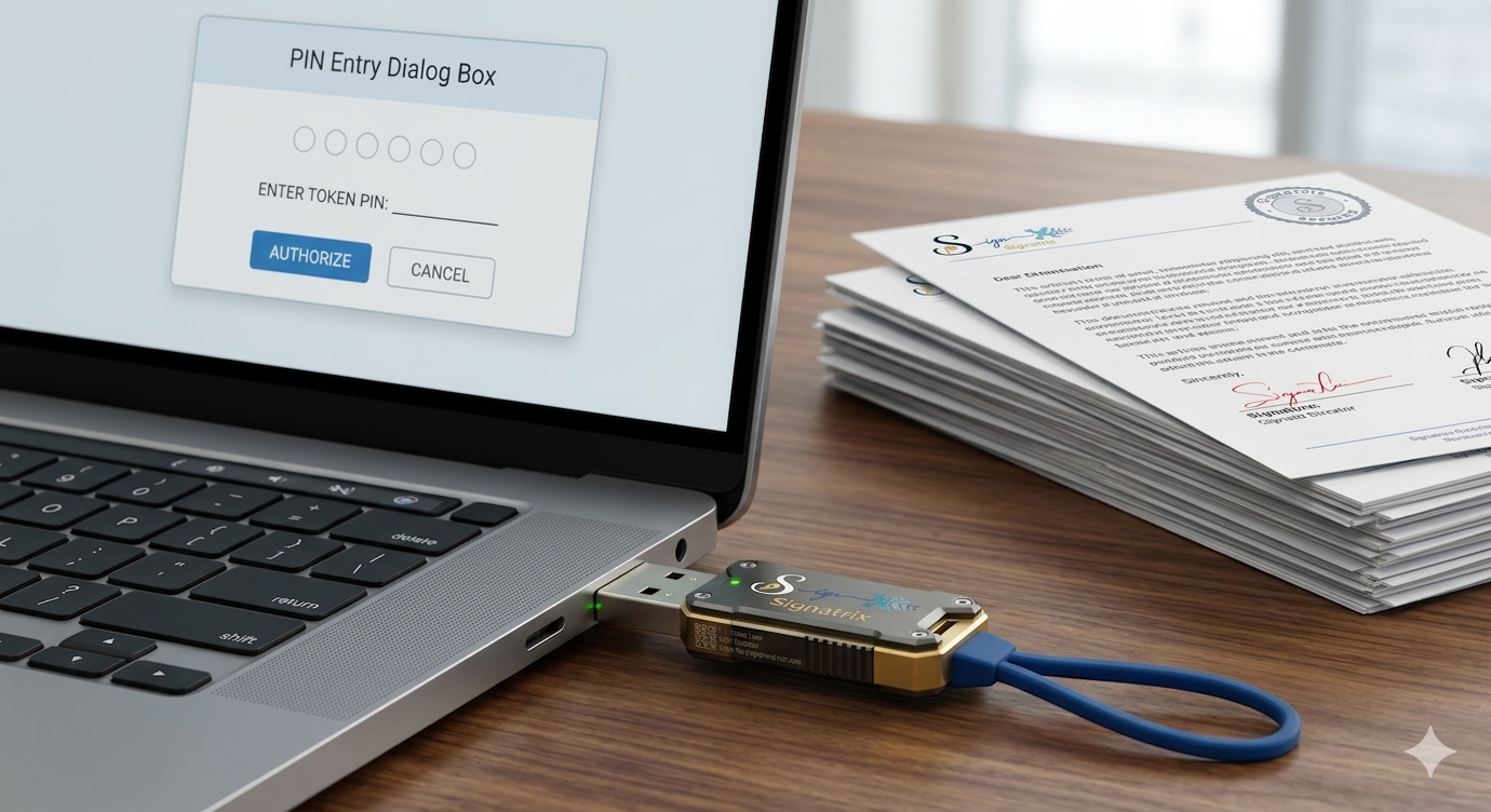 Token hardware USB conectat la laptop